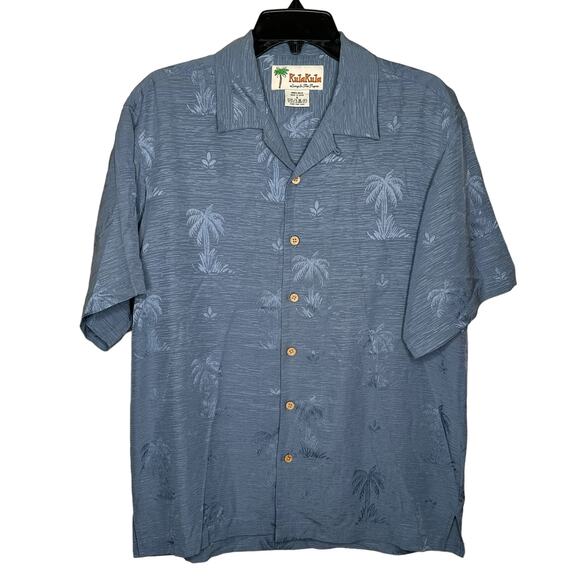 KulaKula 100% Silk Palm Tree Print  Hawaian style button up Size Small Blue - Picture 1 of 5
